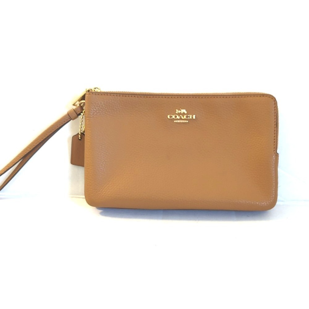 New Coach Double Zip Pebble Leather Wristlet Wallet Light Saddle - Picture 2 of 10